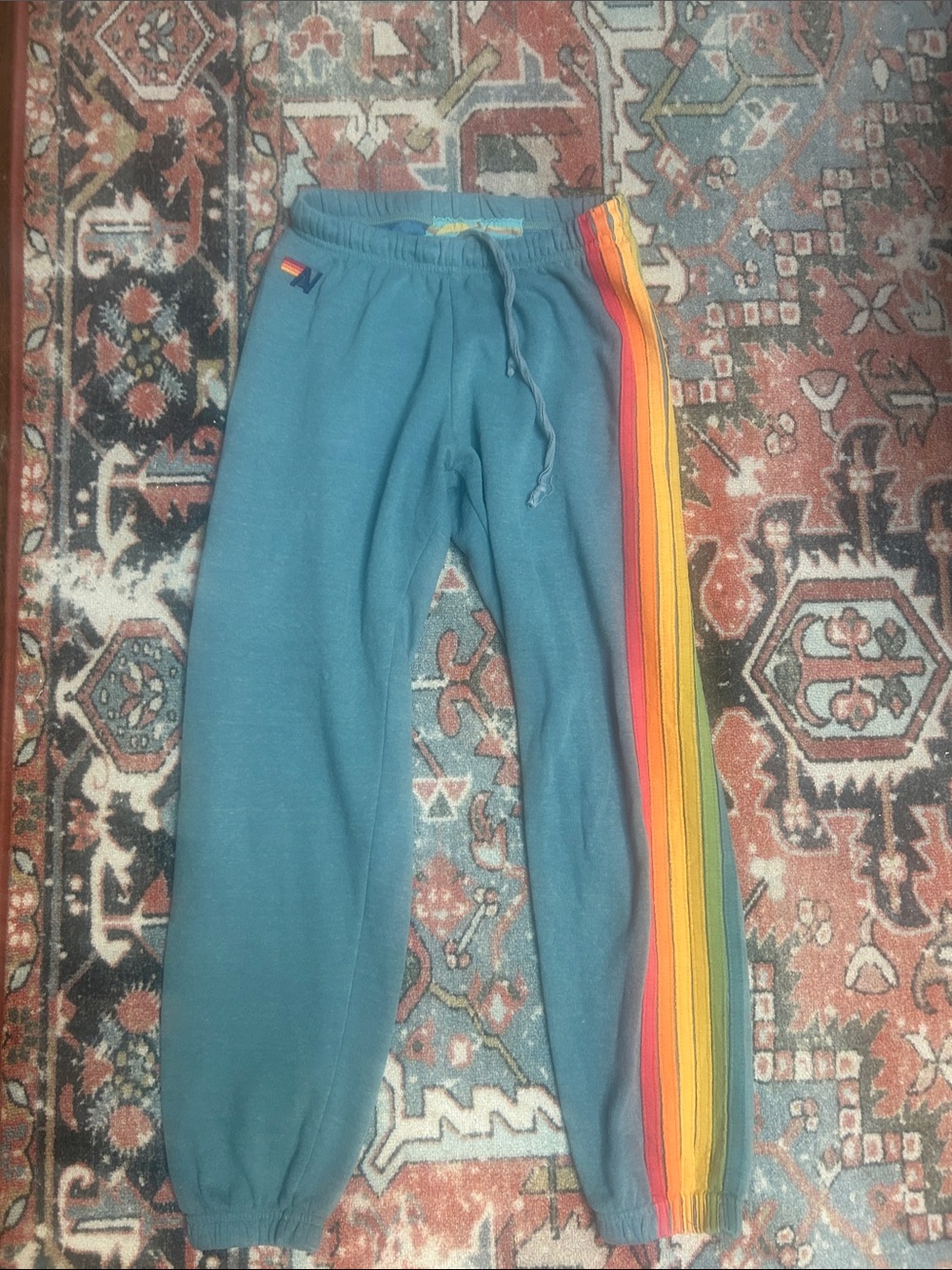 Aviator Nation Teal Joggers with Rainbow Side Stripes